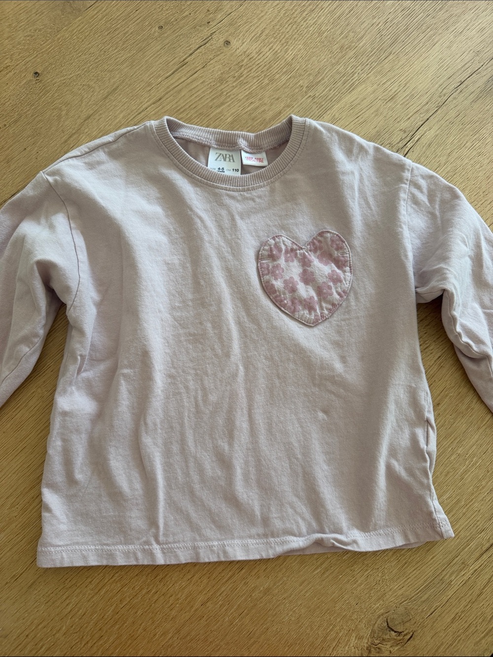 ZARA Pastel Pink Long-Sleeve Tee with Floral Heart Patch